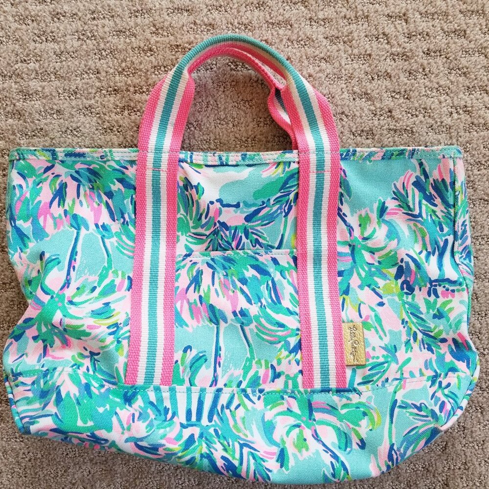 Lilly Pulitzer Full Zippered Top Medium Cotton Canvas Tote Printed Beach Bag EUC